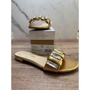 Jessica Simpson Amille Crystal‎ Slide Sandals Gold Metallic Nappa Size 6M
